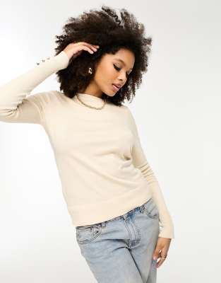 crew neck fine knit top in cream-White
