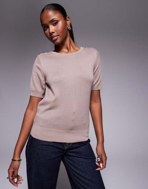 River Island crew neck knitted tee in brown - view 1