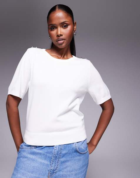 River Island crew neck knitted tee in white - view 1