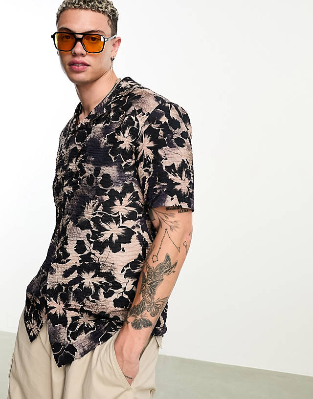 River Island - crinkle floral print shirt in brown