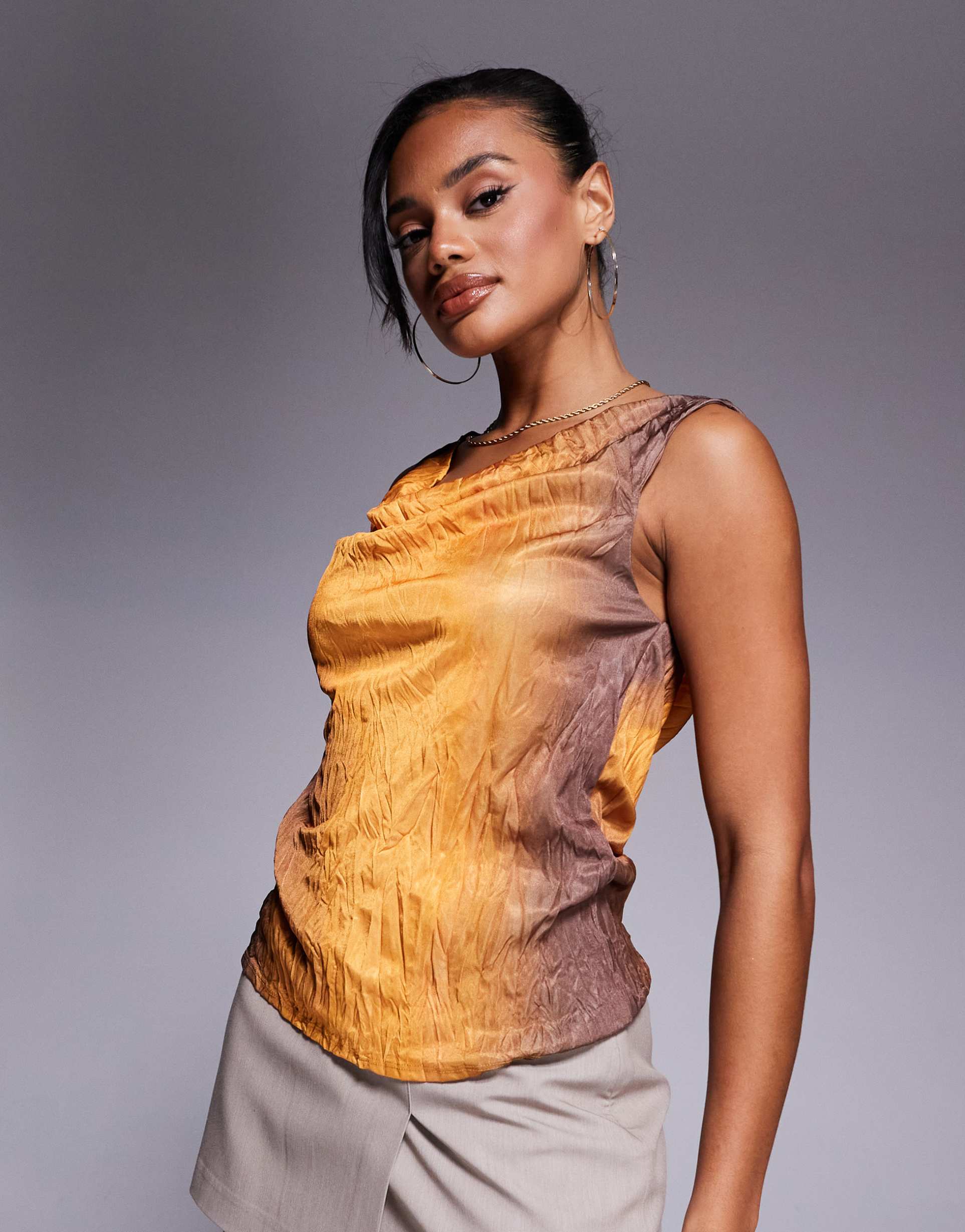 river island crinkle ombre cowl neck top in orange