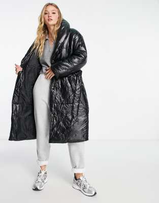 River Island crinkle robe puffer coat in black