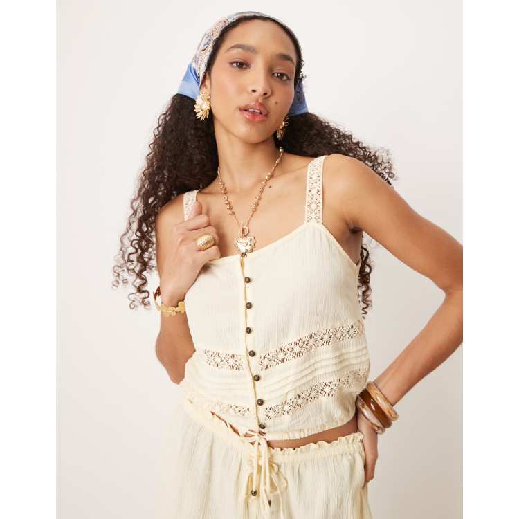 River Island crinkle tank top co-ord in light yellow | ASOS