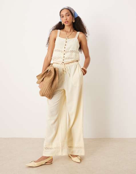 River Island crinkle trouser co-ord in light yellow