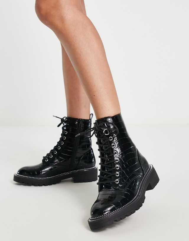 River Island croc effect lace up boot in black