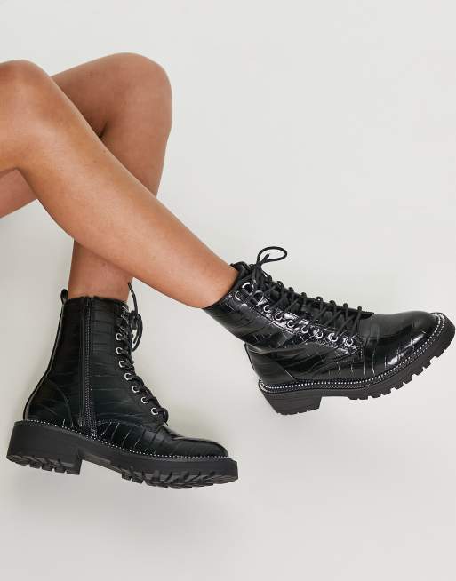 Asos design aubrey hiker lace discount up boots in black croc