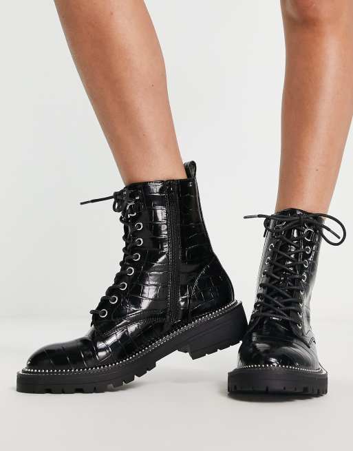 River Island croc effect lace up boot in black | ASOS