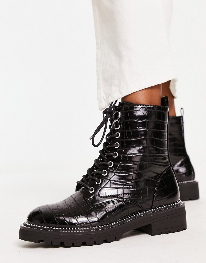 croc effect lace up boot in black
