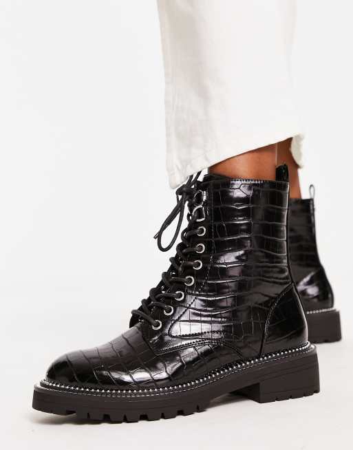 River Island croc effect lace up boot in black | ASOS