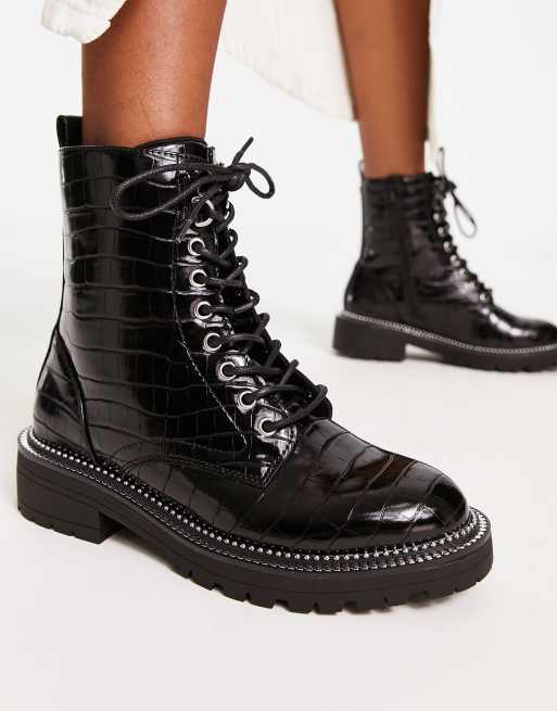 buster black crocodile lace up boots