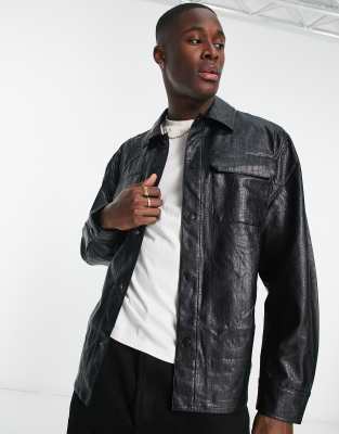 River Island Croc Faux Leather Overshirt In Black