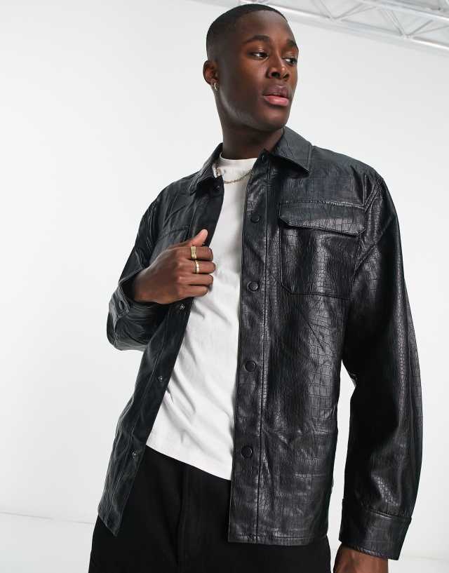 River Island croc faux leather overshirt in black