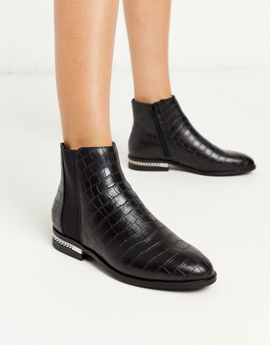 River island croc flat ankle boot with chain detail in black