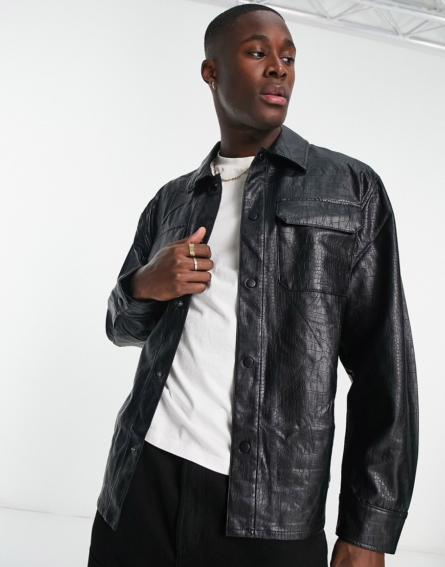 River Island croc leather overshirt in black