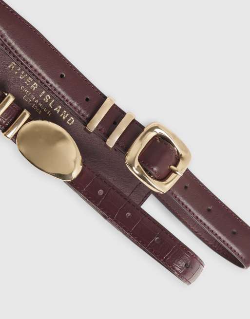 River Island Croc pebble buckle double belt in red, 3 of 3