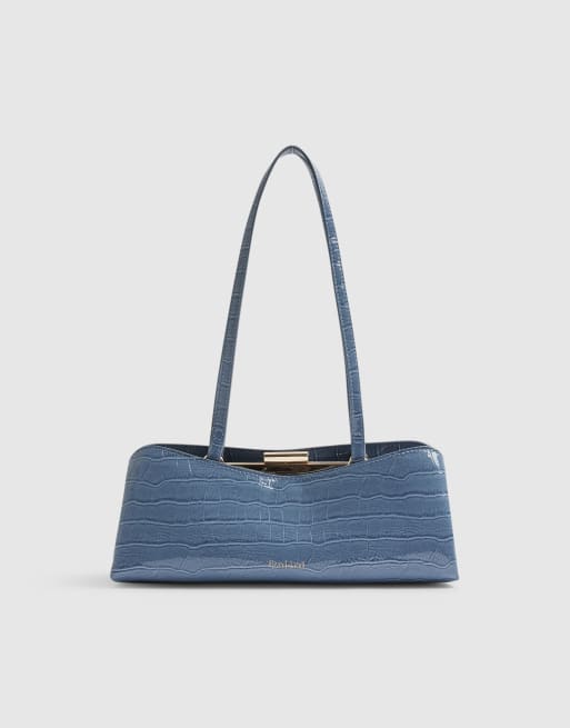 River Island Croc print metal frame shoulder bag in blue, 2 of 4