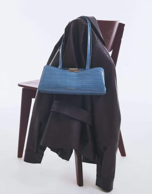 River Island Croc print metal frame shoulder bag in blue, 3 of 4