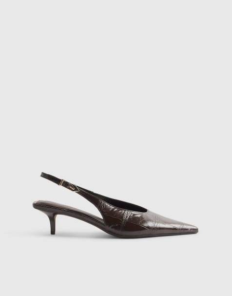 River Island Croc print sling back court heels in brown - dark - view 1