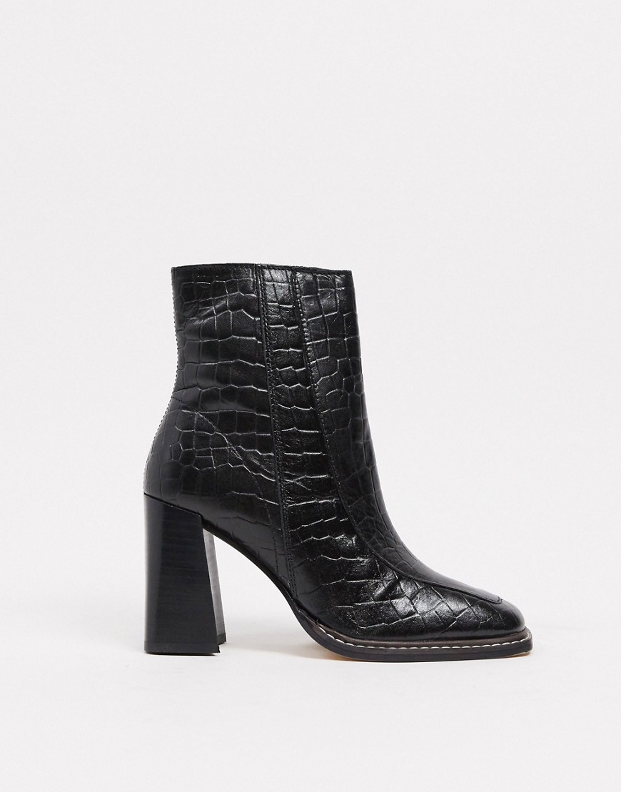 River Island croc square toe heeled boot in black