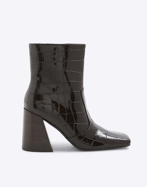 River Island Croc texture flared block heel boots in brown - dark - view 1