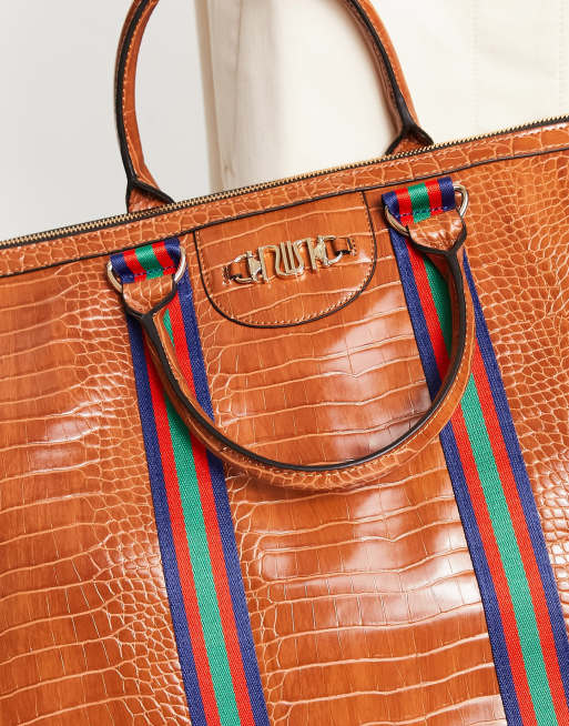 River Island croc weekend bag in brown with contrast strap, 3 of 4