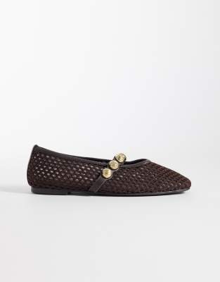 River Island Crochet Ballet Flats With Gold Detail In Black