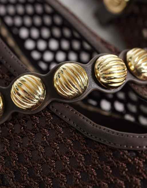 River Island crochet ballet flats with gold detail in dark brown, 2 of 4