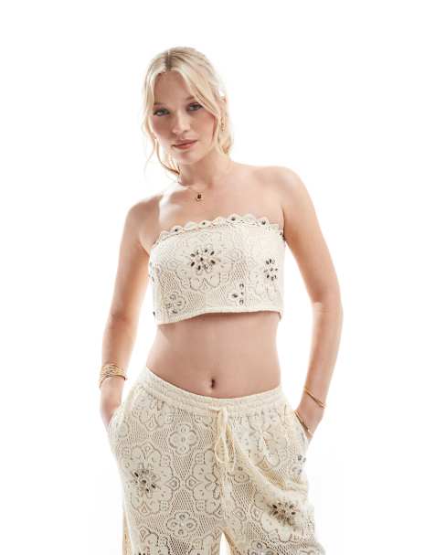 River Island crochet bandeau top in light brown - part of a set - view 1