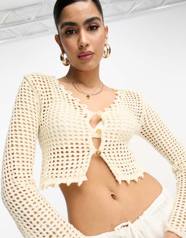 River Island crochet button crop knitted top in cream