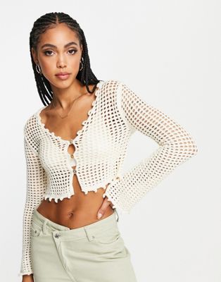 River Island crochet button crop knitted top in white