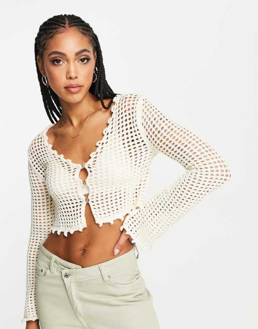 River Island crochet button crop knitted top in white | ASOS