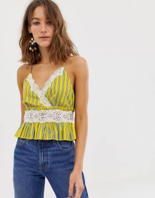 River Island Crochet Detail Peplum Cami Top-Yellow