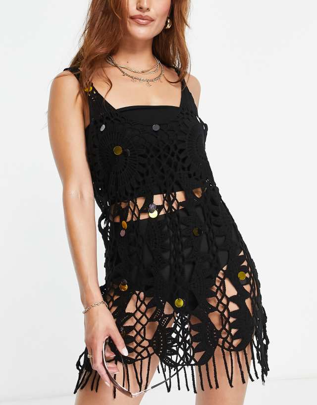 River Island - crochet fringed beach dress in black