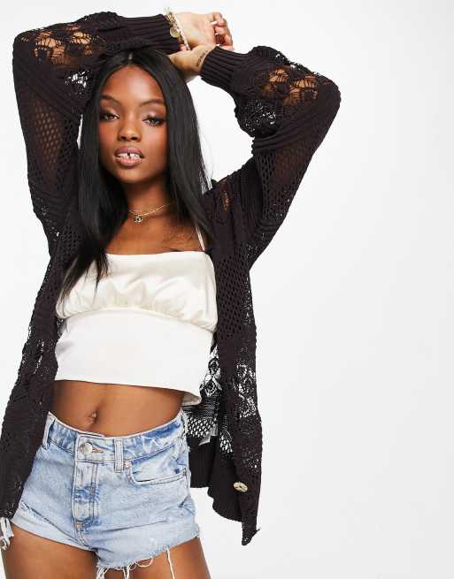 River Island crochet knit cardigan in brown ASOS