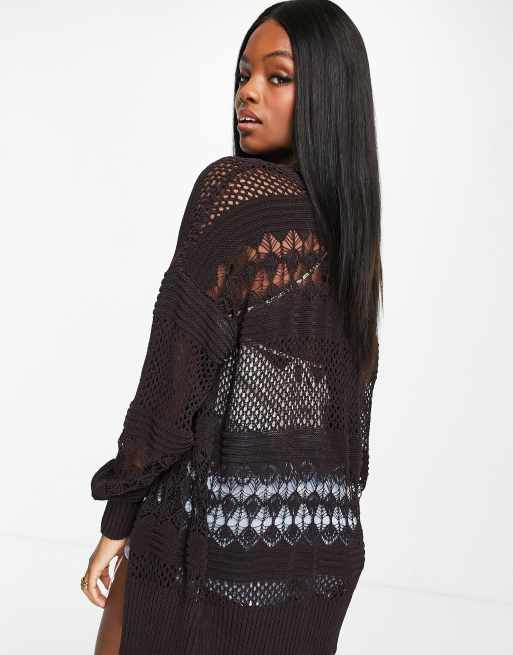 River Island crochet knit cardigan in brown ASOS