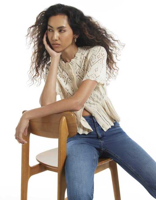 River Island Crochet knit style peplum hem polo top in cream, 2 of 4