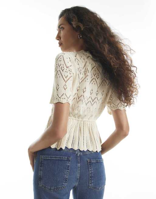 River Island Crochet knit style peplum hem polo top in cream, 4 of 4
