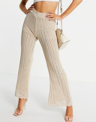 River Island crochet knit wide leg trouser co-ord in gold - ASOS Price Checker