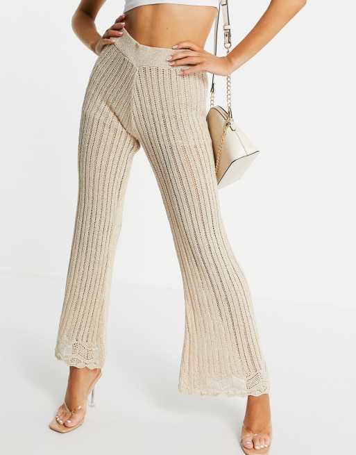 River Island crochet knit wide leg trouser coord in gold ASOS