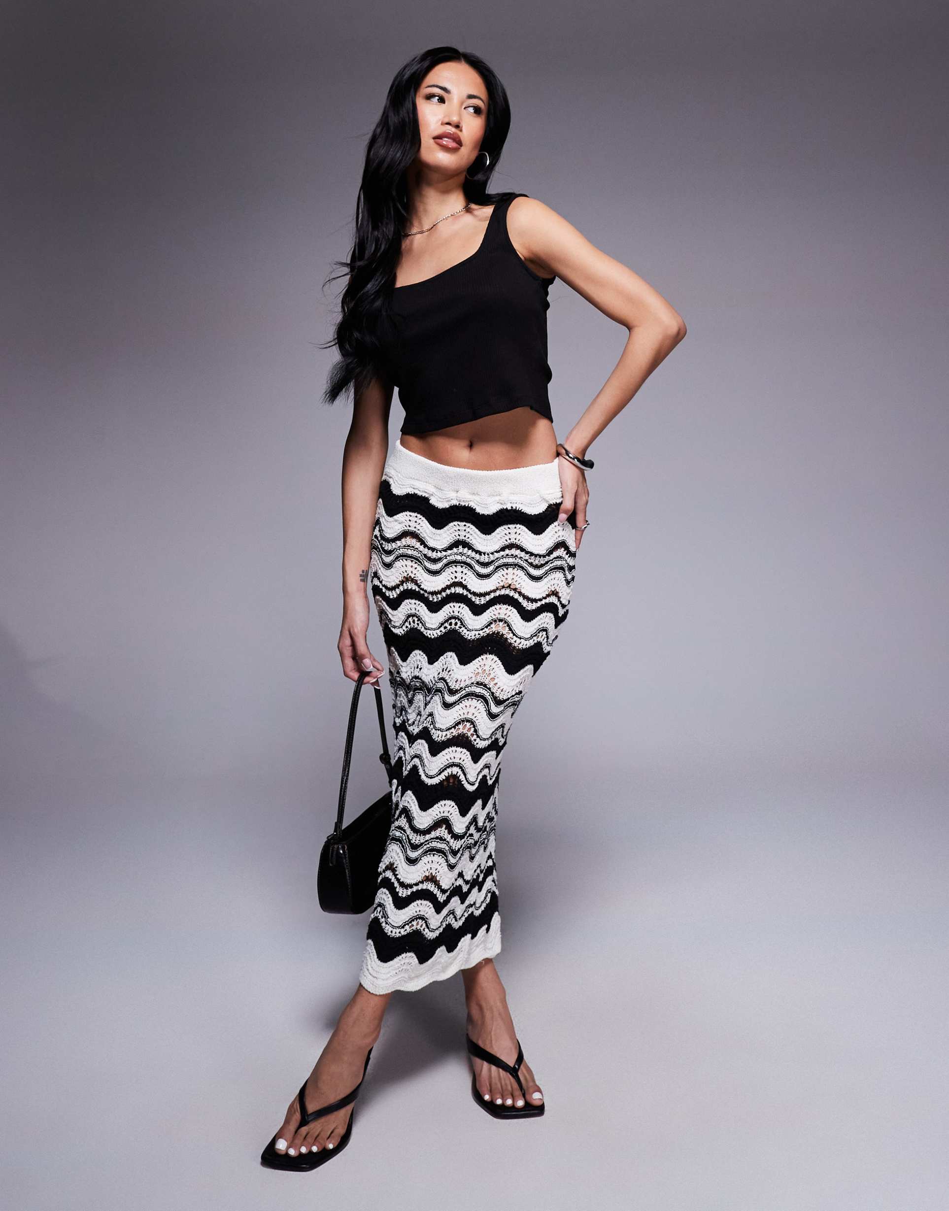 river island crochet maxi skirt in black chevron print