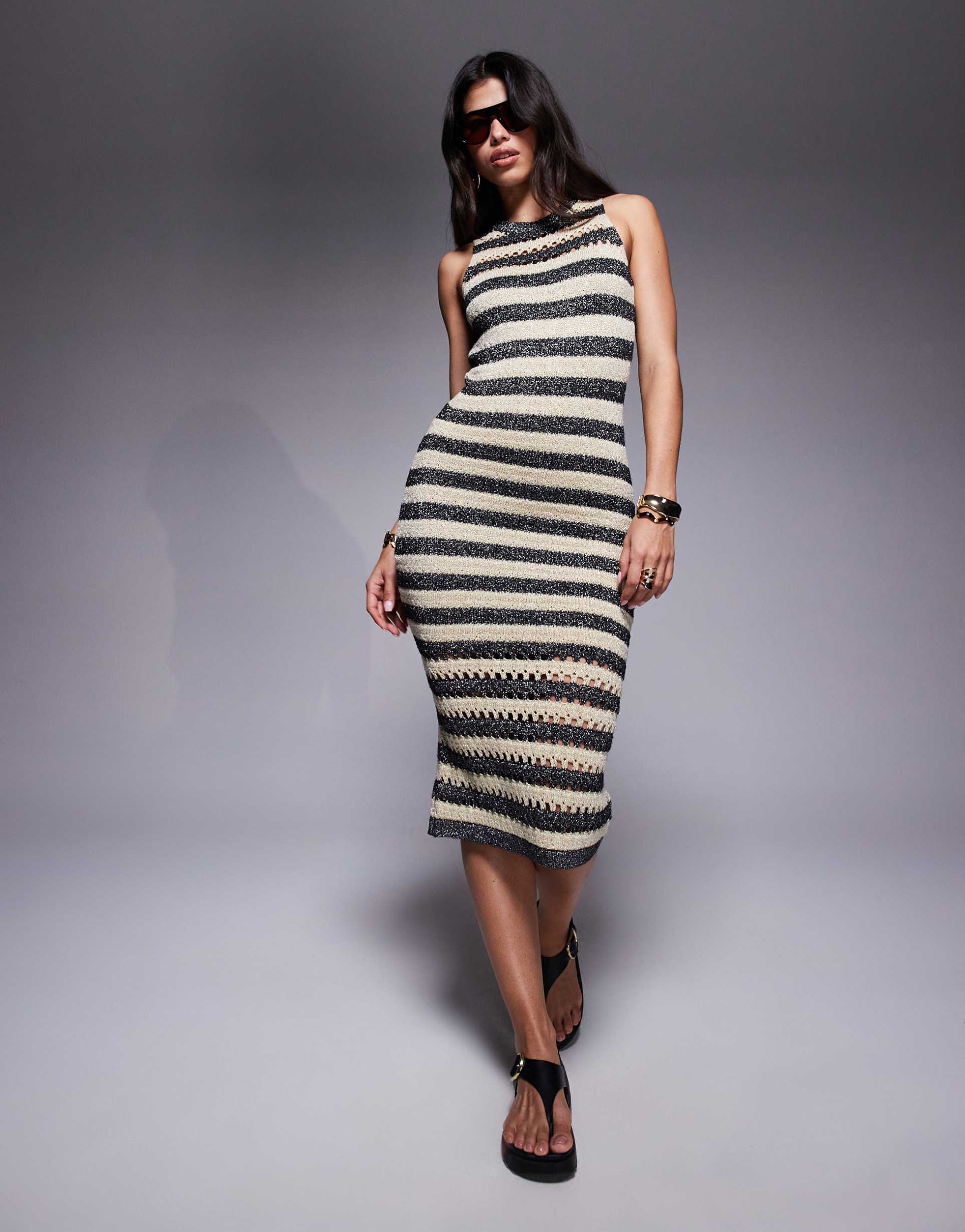 river island crochet midi dress in silver stripes