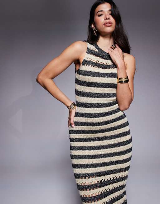 River Island crochet midi dress in silver stripes | ASOS