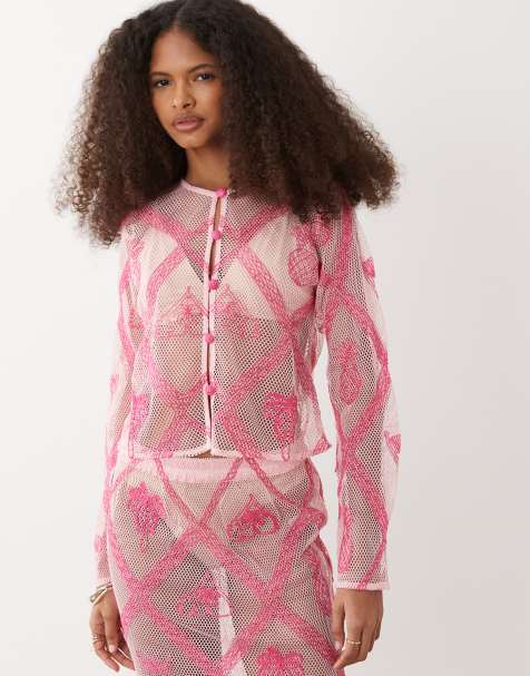 River Island crochet motif cardigan co-ord in pink - view 1