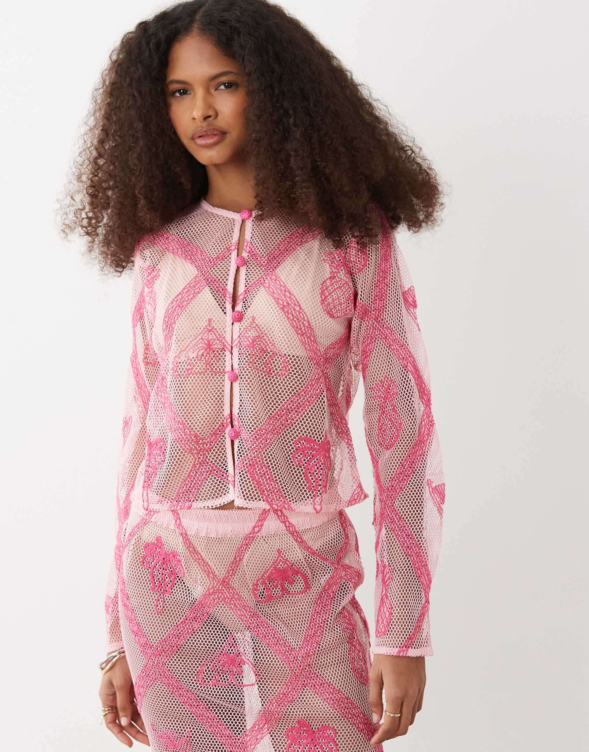 river island crochet motif cardigan in pink -set