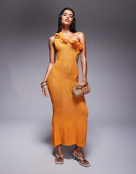 River Island crochet one shoulder maxi dress in orange - view 1