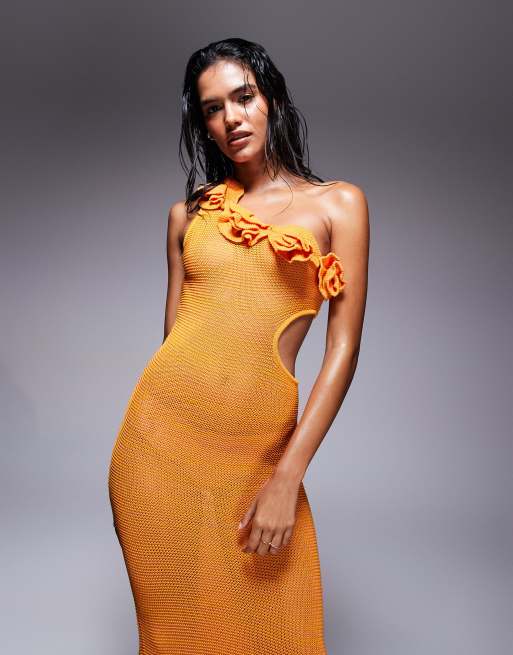 one shoulder dress river island River Island crochet one shoulder maxi dress in orange