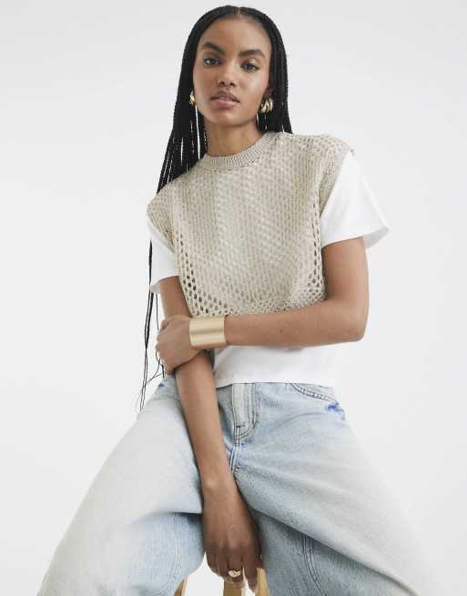 River Island Crochet overlay t-shirt in gold