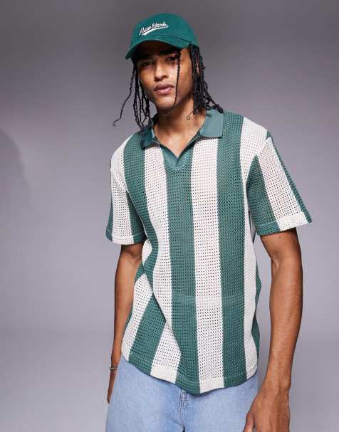River Island crochet polo shirt in green stripe - view 1