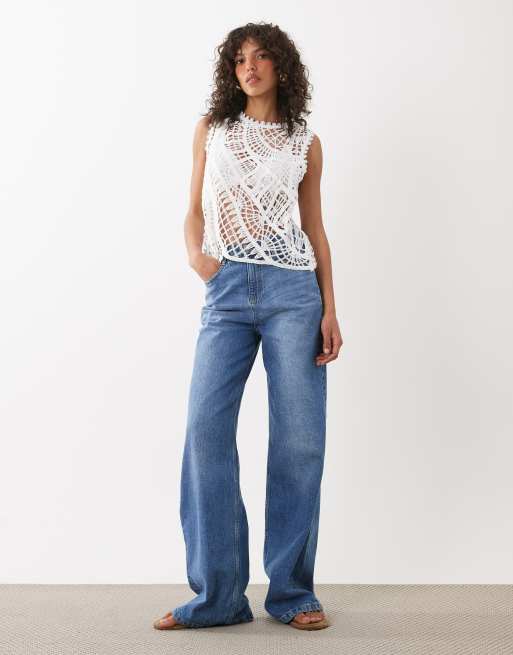 River Island crochet stitching tank top in white, 3 of 4