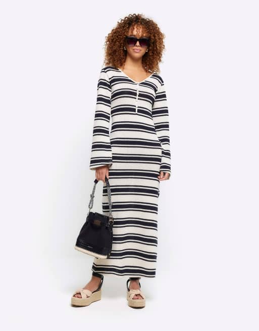 River Island Crochet stripe bodycon maxi dress in navy